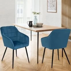 IDMARKET Lot De 2 Chaises MADY En Velours Bleu Avec Accoudoirs