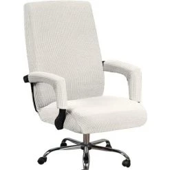 BAICCCF Housse De Chaise De Bureau Extensible Housse De Chaise De Bureau à Dossier Haut Avec Housses De Bras Jacquqard Polyester Housses Lavables Pour Protections Universelles De Chaise Rotative (Grand, Ivoire) - Ivoire