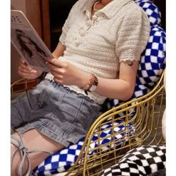 WIAN Plaid Fleur Coussin Bleu Grille Diamètre Environ 48 Cm Chaise De Bureau Coussin Salon Canapé Dos Coussin Tête De Lit Oreiller Baie Vitrée Taille Dos Coussin -banc et tabouret Soldes Boutique 67314759 3