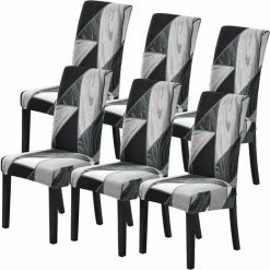Housse De Chaise -Housse De Chaise De Salle à Manger Extensible 6 Pièces Couverture De Chaise Universelle Imprimé Revêtement De Chaise Antidérapant Pour Maison Hôtel Décor De Restaurant Géométrie Noire -GALOZZOIT