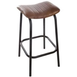 Atmosphera - Tabouret De Bar En Cuir Marron Et Métal Noir H 75 Cm - Marron